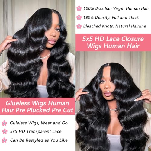 5x5 HD Lace Closure Wigs Human Hair 180% Density Glueless Wigs Human Hair Pre Plucked Pre Cut 24 Inch 5x5 Body Wave Lace Front Wigs Human Hair Wear and Go Glueless Wig