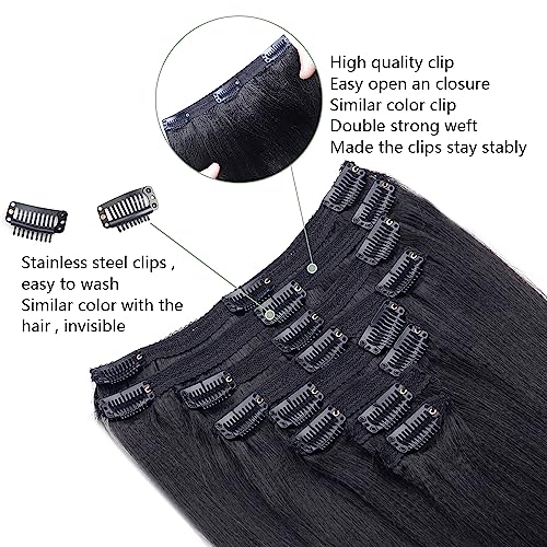 Yaki Straight Clip in Hair Extensions for Black Women Thick Light Yaki Straight Clip ins 100% Real Soft Human Hair 8Pcs Per Set with 18Clips Double Lace Weft,120Gram Natural Black (26Inch, #1B)