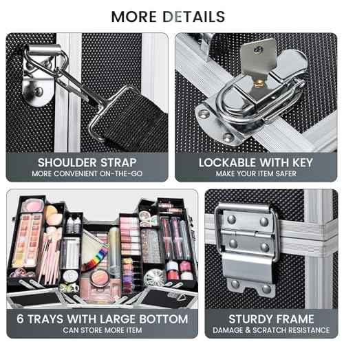 FRENESSA Makeup Train Case Makeup Case 12.6 Inch Large Cosmetic Box Organizer Travel Storage Professional Make Up Train Carrying Case with 6 Trays Locking Shoulder Strap Hard Vanity Storage Black