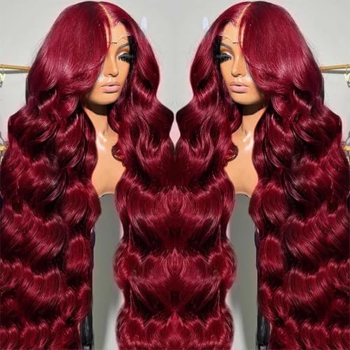 Gemlong 22 Inch 99J Burgundy Lace Front Wigs Human Hair Body Wave 13x4 HD Transparent Pre Plucked Glueless Lace Frontal Wig Human Hair 200% Density Red Wine Colored Human Hair Wigs for Women
