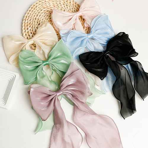 2Pcs Large Emerald Green Silk Hair Bows for Women Long Tail French Barrettes Wedding, Christmas Hair Clips for Thick Hair