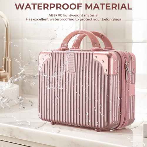 Noverlife 14 Inch Portable Makeup Travel Case Hand Luggage, Pressure-proof ABS Carrying Makeup Case Suitcase with Elastic Band, Small Hard Shell Cosmetic Case for Travel Camping Women Girl - Rose Gold
