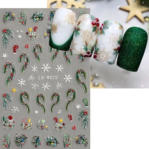 4 Sheets Christmas Nail Art Stickers 5D Embossed Holly Leaf Nail Decals Winter Christmas Tree Elk Snowflake Design Self Adhesive Nail Art Supplies for Women Acrylic DIY Holiday Manicure Decoration