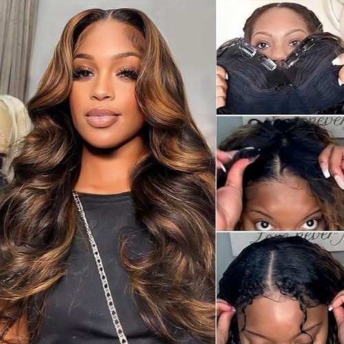 U Part Human Hair Wig Body Wave Highlight #1b/30 Ombre Brown Wig 180% Density U Part Wig Half Brazilian Virgin 100% Human Hair Wigs For Black Women Clip In Glueless No Leave Out Wig 20Inch