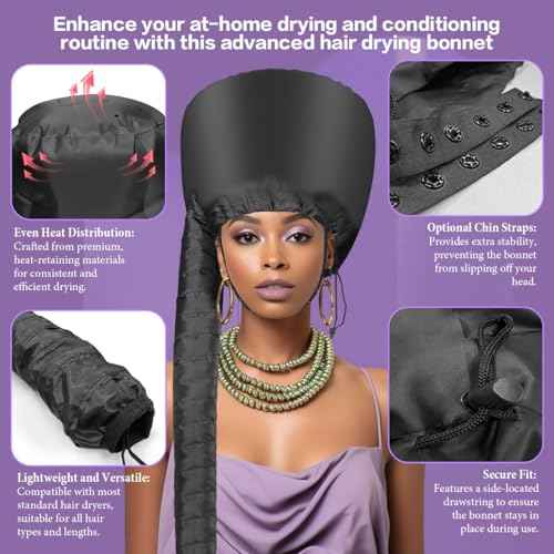 Hooded Hair Dryer Bonnet - Fast-Drying Bonnet Hair Dryer for Natural Hair, Deep Conditioning, Styling, & Curl Enhancing - Adjustable Fit, Heat Distribution, Portable & Lightweight for Travel£¨Black£©