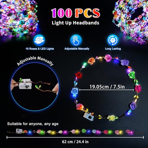 100 PCS LED Flower Crowns Headbands, Light Up Flower Crowns For Women, Glow in the Dark Headband for Wedding Reception Birthday Christmas Mardi Gras Cosplay Princess Party Favors