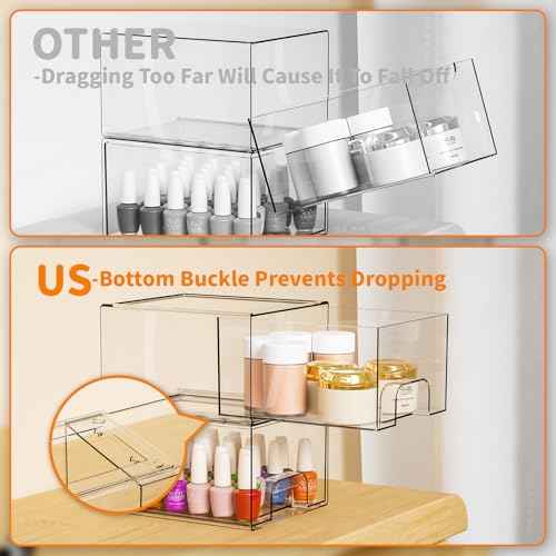 Yieach 4 Pack Clear Stackable Storage Drawers,4.4'' Tall Acrylic Drawer Containers for Organizing,Bathroom Organizers and Storage Bin Box,Plastic Makeup,Medicine Organizer Bins for Cabinet,Undersink