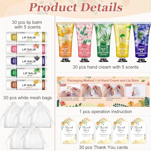 30 Sets Bulk Hand Cream and Bulk Lip Balm Gifts, Stocking Stuffers for Women, Wedding Favors for Guests with Thank You Card and Organza Bags, Christmas Gifts, Employee Appreciation Gifts