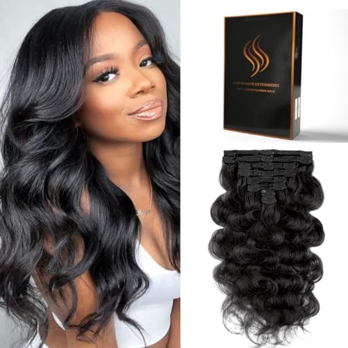 Clip in Hair Extensions Real Human Hair Body Wave 1B Natural Black Clip in 100% Brazilian Remy Human Hair Extensions 8pcs Per Set with 18 Clips Double Weft 24 Inch 120g/3.6oz