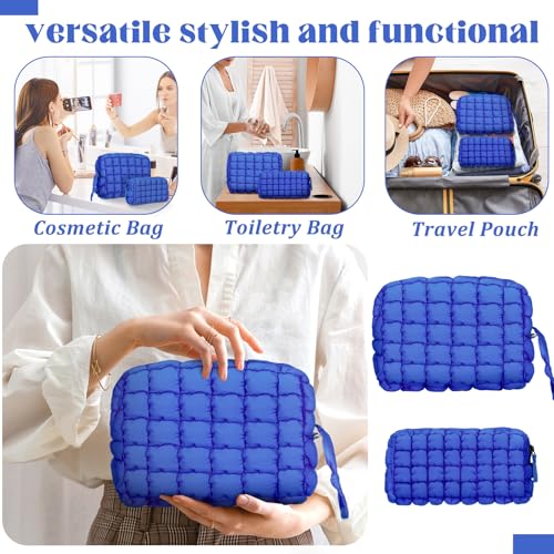 Meanplan 2 Pcs Puffy Quilted Makeup Bag Puffer Cosmetic Bag Travel Solid Cute Organizer Checkered Makeup Pouch for Women
