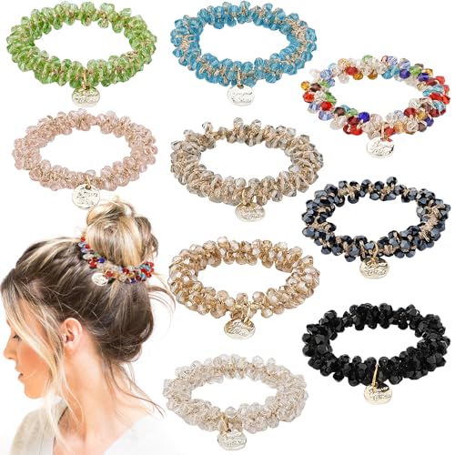 AHONEY 9 Count Hair Ties Elastic Hair Scrunchies Hold Crystal Bulk Hair Ropes Stretchy Handmade Boho Hair Accessories for Women Girls
