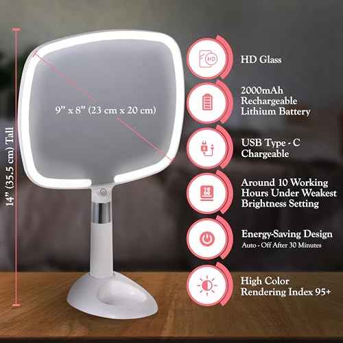 MIRRORVANA Lighted Travel Hand Mirror with Comfy Handle and Detachable Stand - Portable, Thin and Lightweight Design - Rechargeable with 3 LED Light Settings - 9" x 13" (White)