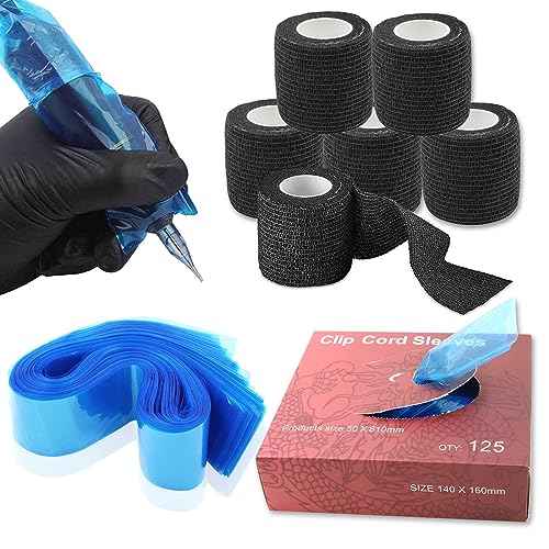Clip Cord Covers with Tattoo Grip Tapes - 125pcs Clip Cord Sleeves and 6pcs Grips Tapes Blue PlasticTattoo Bags with Black Self-Adhesive Bandages Cover