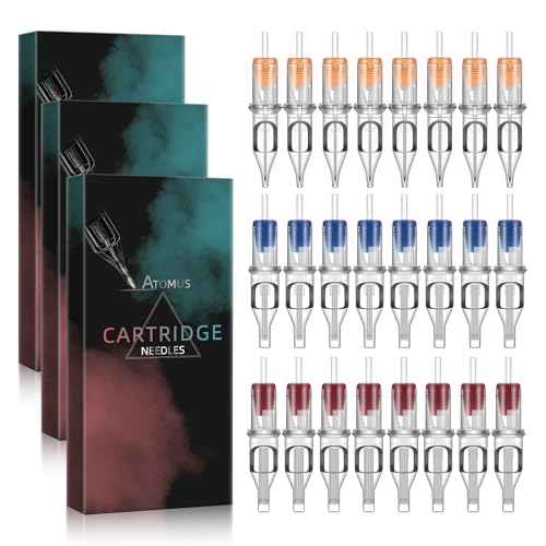 ATOMUS 50pcs Tattoo Cartridge Needles Size #10 RS RM M1 Purple Round Liner Tattoo Needles for Tattoo Gun Pen (5RS+7RS+9RS+7M1+9M1+11M1+7RM+9RM+11RM+15RM)