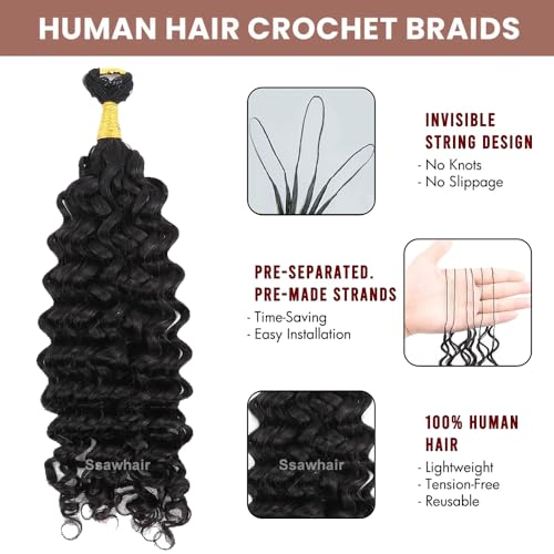 Spanish Curly Feather Crochet Boho Hair For Braiding Pre-Separated Water Wave Human Hair Long Cord Pre-Looped Reusable Feather Crochet Hair Extensions 16Inch 50g 60Strands