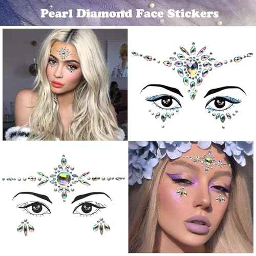 Face Gems 6 Sets Mermaid Face Jewels Festival Pearl Rhinestones Acrylic Crystal Stickers Self Adhesive Face Decoration Jewels for Parties,Carnival,Halloween, Christmas