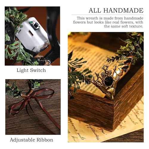 MOSTORY Light up Elf Crown - Black Antler Headpiece Gothic Flower Circlet Elven Woodland Tiara for Women Renaissance Fair Cosplay Halloween Costume Photo Shoot