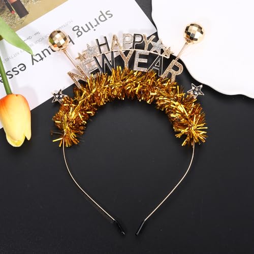 FAERLIIRY Happy New Year Headband 2024 Disco Ball Glitter Headpiece Holiday Hair Accessories New Year's Eve Party Gifts (Gold, L)