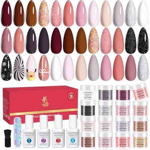 Lavender Violets 22 Pcs Dip Powder Nail Kit Starter - 16 Colors Nude Pinkish Brown Skin Tone with Base Top Coat, Activator, Brush Saver, Nail Buffer and Powder Brush M960B