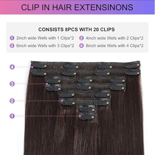 Dark Brown Clip in Hair Extensions, 2 Dark Brown Hair Extensions Real Human Hair, Invisible Seamless Remy Human Hair Clip Extensions for Women 8pcs Per Set with Double Weft 26 Inch 130g