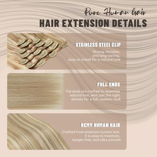 Clip in Hair Extensions Real Human Hair 14 Inch 80g 7Pcs Remy Extensions Double Weft Straight Hair Extensions for Add Volume (14in, 80g, #16/22)
