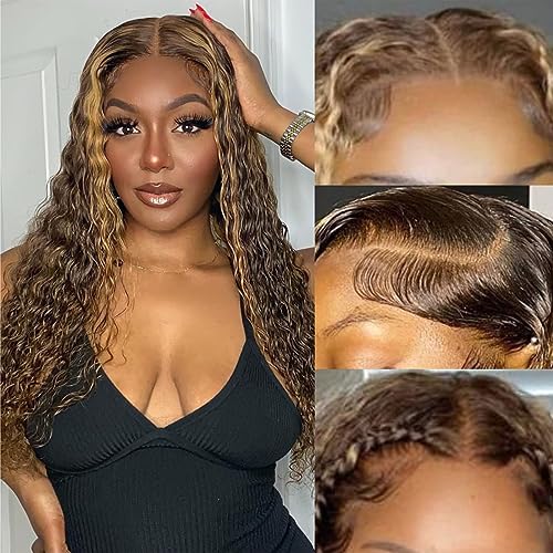 18 inch Water Wave P4/27 Highlight 13x4 HD Transparent Lace Front Wigs Ombre Human Hair Wet and Wavy Curly Glueless Lace Frontal Wigs Pre Plucked with Baby Hair 180% Density