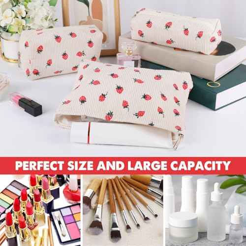 3 Pcs Makeup Bag Cosmetic Bag Set for Girls Women Travel Organizer Bathroom Toiletry Pouch Large Capacity Storage Bag (Strawberry Beige)