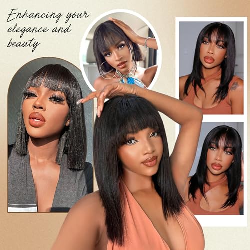 Lativ Bob Wig with Bangs Human Hair 4x2 Lace Bob Wig Human Hair with Bangs 150% Density Middle Part Natural Black(16 Inch,Bob With Bangs)