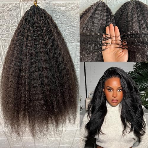 Kinky Straight Feather Crochet Human Hair Extension Yaki Wave Pre Separated Knotless Crochet Hair Micro Bundles With Loop For Reusable Boho Braids 18Inch 60g 50Strands