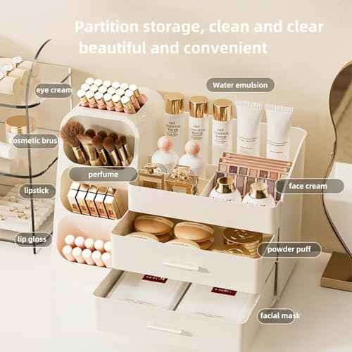 Makeup Organizer with Drawers,Large Capacity Countertop Organizer for Vanity,Bathroom and Bedroom Desk Cosmetics Organizer,Easy To Storage Skincare,Brushes,Lotions,Lipstick (All Cream)