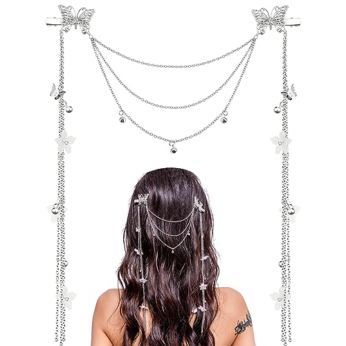 2 PACK Silver Wedding Butterfly Flower Headband Boho Head Chain Tassel Headband for Women Sparkly Rhinestone Fake Earrings Hair Accessories for Women and Girls