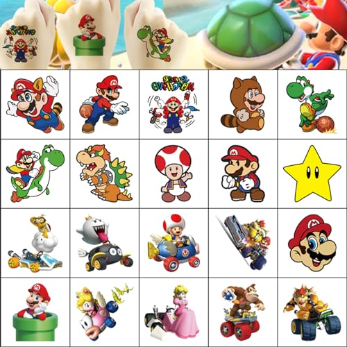 20pcs Mario Temporary Tattoos for Kids, Birthday Party Favors, Cute Cartoon Decoration Sticker Gifts for Girl Boys Home Activity Class Prizes Carnival Christmas Rewards (Mario)