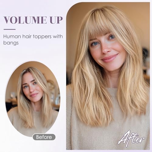 Hair Toppers for Women Real Human Hair 12 Inch Long Straight Toppers for Women with Thinning 7 * 13CM Silk Base Clip in Hairpieces with Bangs (Golden Brown & Bleach Blonde)