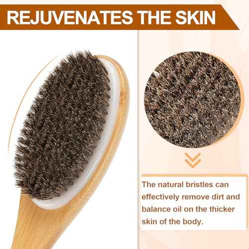 Bamboo Shower Brush with Curved Long Handle, 16.7 Inches Exfoliating Back Scrubber with Natural Bristles for Men & Women, Back Exfoliator Body Washer for Bath or Dry Brushing