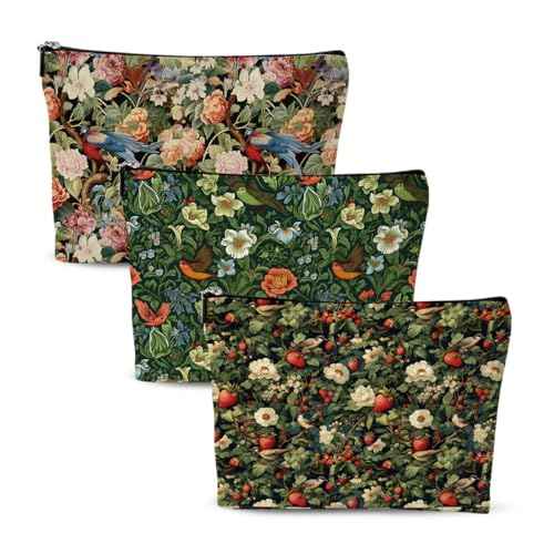 3pcs Cosmetic Bags for Women Makeup Bag, Bachelorette Party Favors Christmas Birthday Friendship Gifts for Women Girls Mom Travel Toiletry Bag Skin Care Bag, Vintage Forest Flowers Birds Patterns