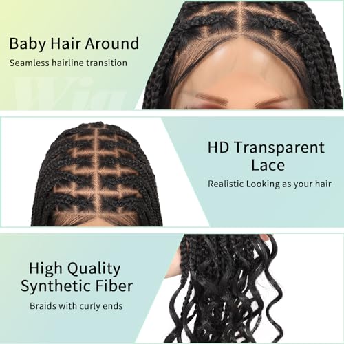 13x8 Inch HD Lace Front Box Knotless braided Wigs With Baby Hair Braided Wig For Women With Boho Curly Ends Black Premium Synthetic 36 Inch