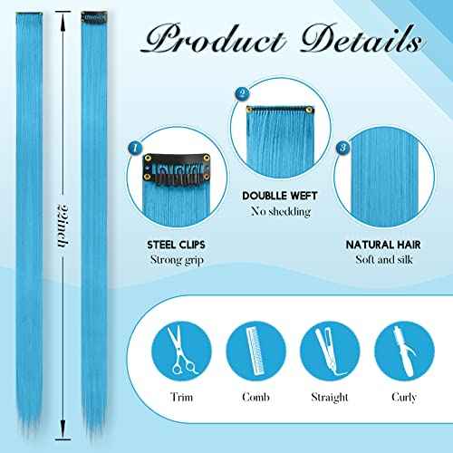 FESHFEN Colored Clip in Hair Extensions - 10 PCS Skyblue Light Blue Highlighted Hair Piece Straight Synthetic Clip in Hairpieces for Women 22 inch