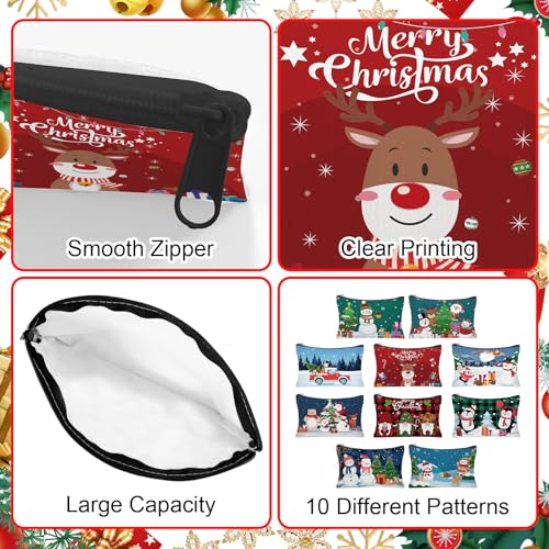 30Pcs Christmas Makeup Bags Canvas Cosmetic Bags with Zipper Portable Santa Gnomes Snowman Xmas Canvas Gift Bag Goodie Bag Travel Toiletry Pouch for Women Holiday Present Xmas Party Gift