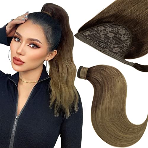 Long Ponytail Extension Human Hair Balayage Ponytail Hair Extensions Natural Wrap Around Clip on Ponytails for Women with Magic Paste 20 Inch 90g Ombre Darker Brown Mix Light Brown to Light Brown