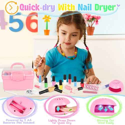 Kids Nail Polish Set for Girls, Nail Art Kit with Nail Dryer & Storage Case, Non-Toxic Peel-Off Quick Dry Nail Polish for Kids, Birthday Christmas Gift for Kids Ages 6-12