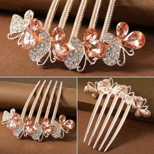 4 PCS Flower Rhinestones Hair Combs Accessories Wedding Crystal Opal Hair Side Combs Long Teeth Slide Hairpins Barrettes Clips Butterfly Hair Accessories for Women