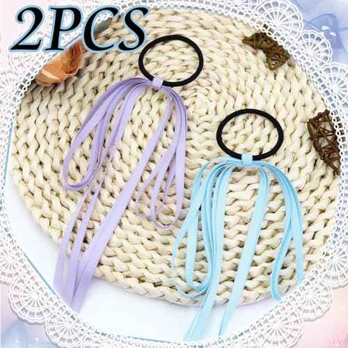 2PCS Silky Satin Bow Tassel Ribbon Bowknot Hair Ties and Ponytail Holders for Women, Girls, Teens (Purple+Blue)