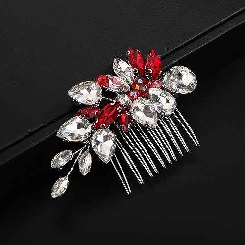 Teyglen Silver-Red Rhinestone Wedding Hair Comb, Alloy+Rhinestones+Crystal, Sparkly Rhinestone Style, Hair Accessories for Women and Girls