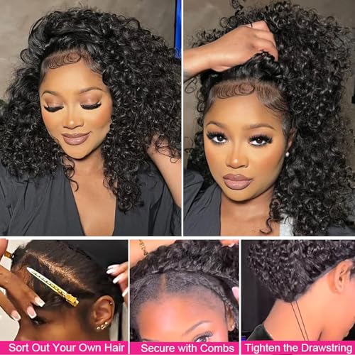 BLG Half Wig Human Hair 250% Density 15A Messy Water Wave Human Hair Flipover 3 In 1 Half Wigs 16 Inch Quick Install Wear and Go Drawstring Wig Beginners Friendly Glueless Wigs