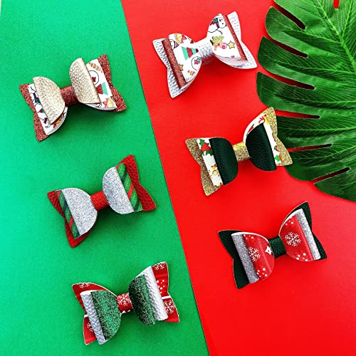 AOUXSEEM 24 Set Christmas Faux Leather Hair Bows DIY Making Kit with Pre Cut Pieces and Hair Clips, Make Fashionable Unique Hair Clips for Girls Women