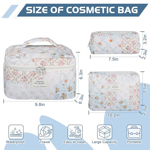 Quilted Makeup Bag Set - 3 PCS Cute Floral Cotton Makeup Bag, Large Coquette Aesthetic Make up Cosmetic Bag, Flower Travel Toiletry Organizer Bags for Women Girls