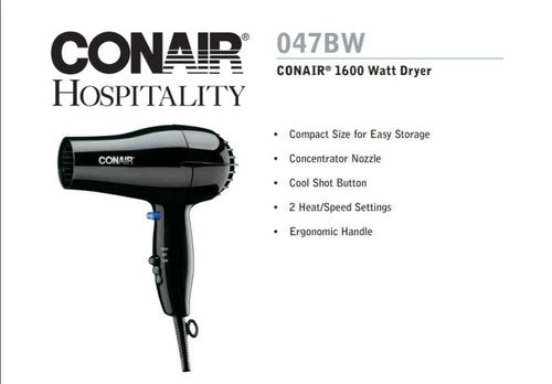 Conair 047BW Black 2 Heat / 2 Speed Hair Dryer - 1600W