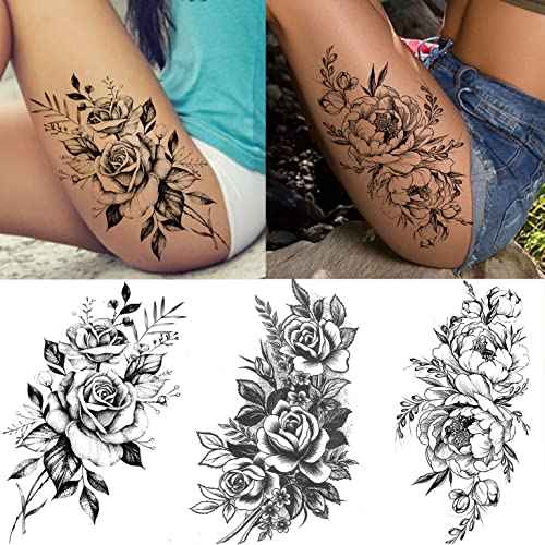 11 Sheets NEZAR Large Vine Peony Flower Rose Full Arm Temporary Tattoos For Women Realistic Skull Skeleton Fake Temporary Tattoo Sleeves Stickers Waterproof Leg Makeup Floral Blossom Tatoos Paper Eye