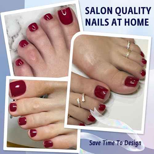 Press on Toenails Short Square Burgundy Fake Toenail Glue ons Glossy Acrylic False Toe Press on Nails Artificial Toe Nail Tips for Women Girls,180Pcs