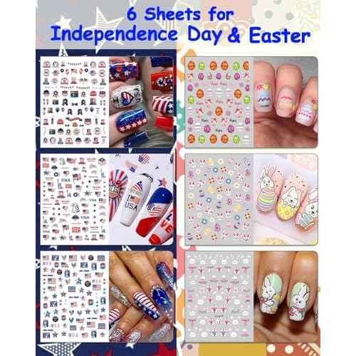 30 Sheets 7 Holiday Nail Art Stickers, Mixed Season Nail Decals Set for All Year, 3D Self-Adhesive Pegatinas U?as Easter 4th of July Halloween Thanksgiving Christmas Valentine's St. Patrick's Day